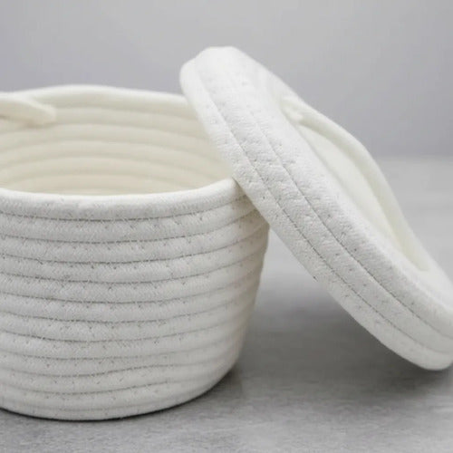 Canasto Cesto Organizador Tejido Cuerda Algodón Tapa 12x14cm Blanco
