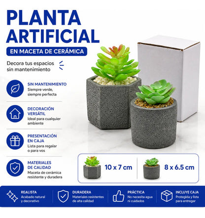 Planta Artificial Maceta Cerámica Decorativa 10cm Verde