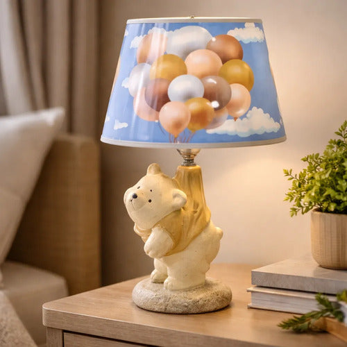 Lámpara Velador Cerámica Diseño Oso Pantalla Decorada 37cm Beige