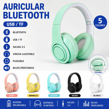 Auricular Bluetooth Usb Tf Plegable Vincha Ajustable 3.5 Hd Celeste
