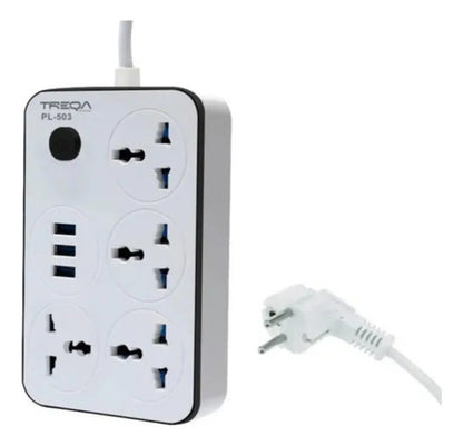Zapatilla Con 3 Usb + 4 Conectores Alargue 2 Metros Cable Blanco C/ Negro