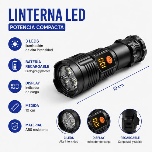Linterna Led Portátil Recargable Display Indicador De Carga Blanco Negro