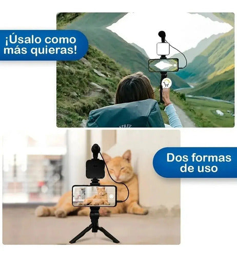 Tripode Soporte Celular Con Luz Led Y Microfono Para Video Negro