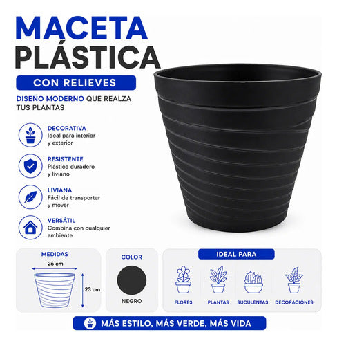 Maceta Plastica Relieve Decorativa Interior Exterior Jardin Negro