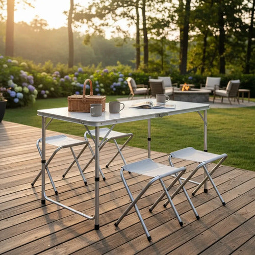 Mesa Plegable Camping Bancos Aluminio Portátil 120x60cm Blanco