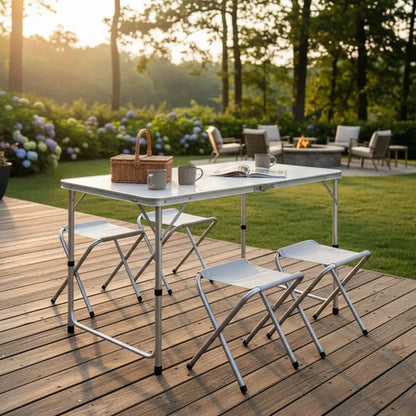 Mesa Plegable Camping Bancos Aluminio Portátil 120x60cm Blanco