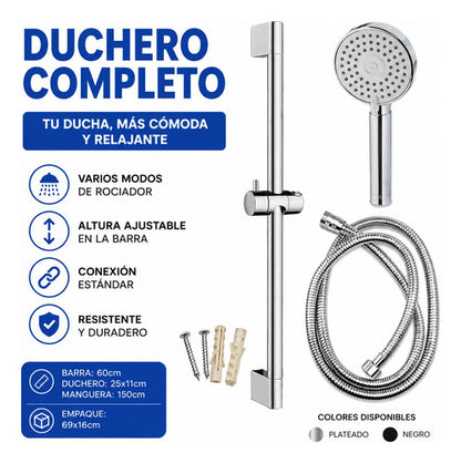 Duchero Manual Baño Barra Soporte Manguera Ajustable Lluvero Plateado Cromado