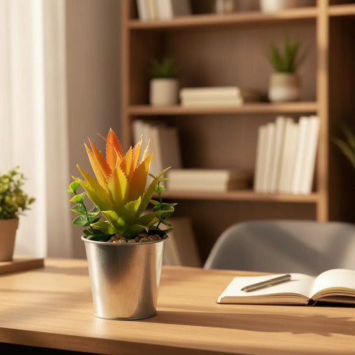 Maceta Plateada Con Planta Artificial 15x6cm Decorativa Aleatorio