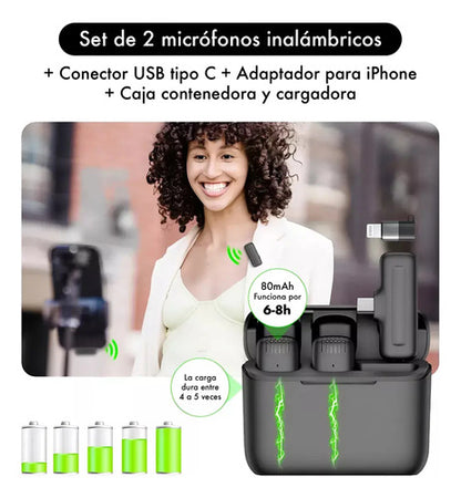 Microfono Corbatero Doble Periodista Inalambrico Caja Carga Color Negro