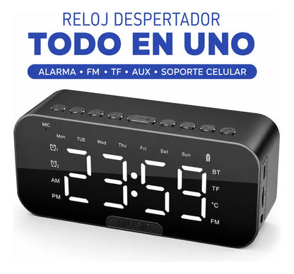 Reloj Despertador Alarma Fm Tf Aux Recargable 800mah Soporte Negro