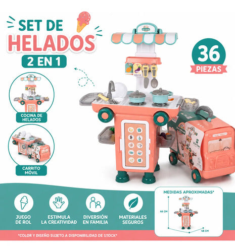 Juego Set De Heladería Infantil 2 En 1 36 Piezas Juguete Rosa