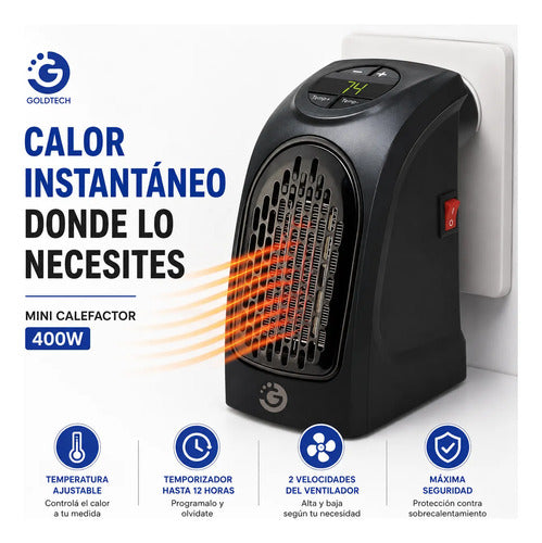 Mini Calefactor Electrico Ceramico Display Enchufe Directo Negro