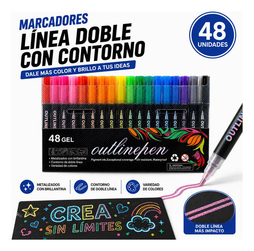 Set X48 Marcador Doble Línea Contorno Metalizado Brillantina Aleatorio