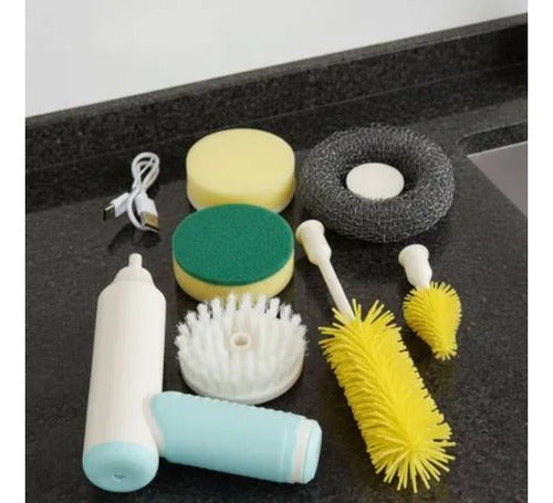 Cepillo Electrico Multiuso Limpiador 7 En 1 Recargable 12w Blanco Y Verde Agua / Celeste