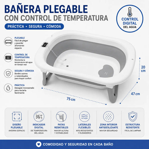 Bañera Infantil Plegable Termómetro Digital Plástico 75x47cm Gris