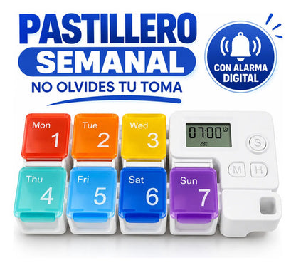 Organizador Pastillero Semanal Alarma Digital Compartimentos Blanco / Multicolor