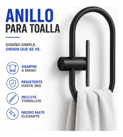 Toallero Soporte Anillo Porta Toalla Baño Pared 22cm Aro Negro