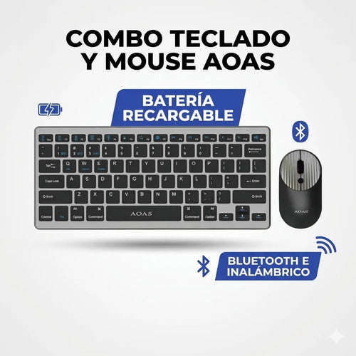 Combo Teclado Mouse Inalambrico Bluetooth Pc Windows Mac Os Plateado Negro
