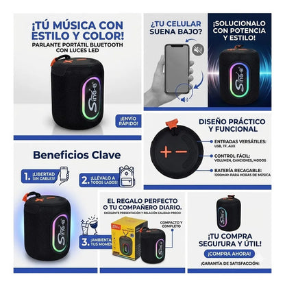 Parlante Bluetooth Portatil Luces Led Usb Tf Aux Radio Fm Negro