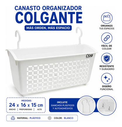 Cesto Canasto Organizador Colgante Multiuso Plástico 24x16cm Blanco