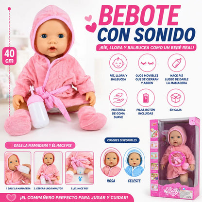 Muñeco Bebé 40cm Sonido Hace Pis Mamadera Ojos Móviles