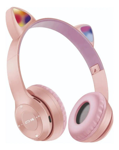 Auricular Orejas Gato Vincha Bluetooth Tf Micrófono Infantil Rosa