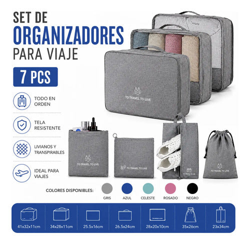 Set Pack Organizadores Viaje 7 Piezas Valija Ropa Bolsas Celeste
