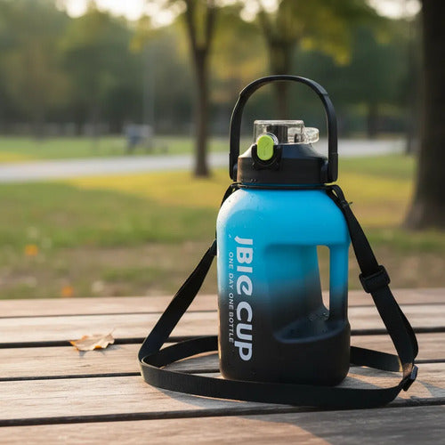 Botella Agua Deportiva 2.2l Doble Pico Deportiva Correa Negro Con Azul