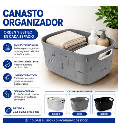Canasto Cesto Organizador Plástico Multiuso Asas 32,5cm Negro