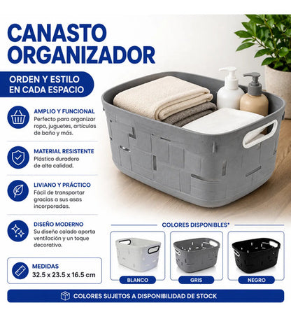 Canasto Cesto Organizador Plástico Multiuso Asas 32,5cm Negro