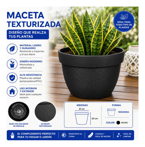 Maceta Plastica Texturizada Redonda Decorativa 31cm Jardin Negro