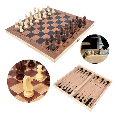 Juego Ajedrez Damas Backgammon Tablero Madera 24cm Portatil Veoquiero