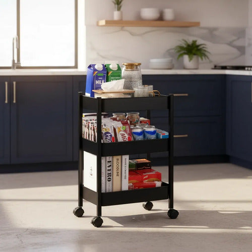 Carrito Organizador Auxiliar Ruedas 360 73x36x23cm 3 Estante Negro