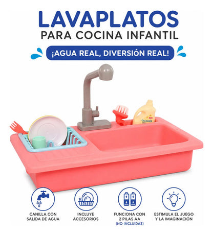Lavaplatos Infantil Con Agua Accesorios 2 Pilas Aa 40cm Rosa