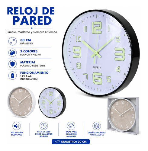 Reloj Pared Redondo Plástico Diseño Moderno 30c Blanco Negro Negro