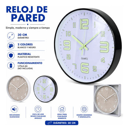 Reloj Pared Redondo Plástico Diseño Moderno 30c Blanco Negro Negro