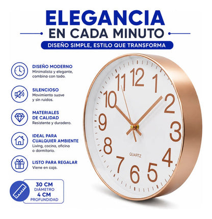 Reloj Pared Analogico Redondo Quartz 30cm Oficina Hogar Champagne Blanco