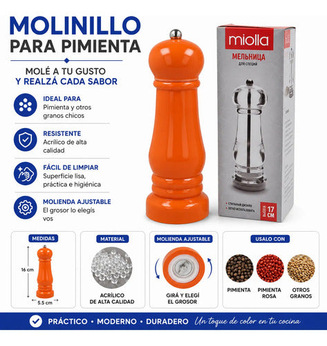 Molinillo Acrílico Manual Pimientero Grano Salero 16x5,5cm Naranja