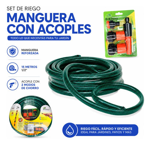 Set De Riego Manguera Jardin 15m Pico Acoples Reforzada 1/2 Verde