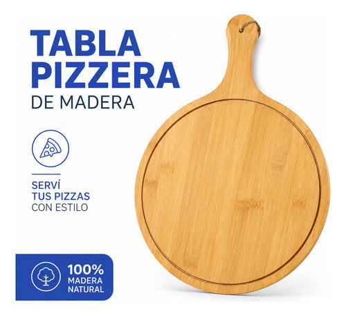 Tabla Cortar Picar Pizza Redonda Madera Con Mango 52x37cm Tabla Pizzera Con Mango