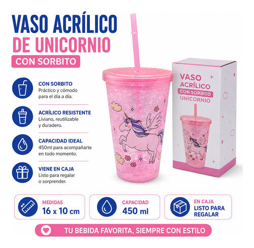 Vaso Infantil Acrílico Unicornio Sorbito 450ml Rosado Rosa