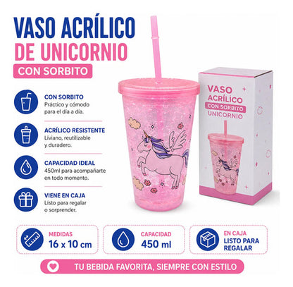 Vaso Infantil Acrílico Unicornio Sorbito 450ml Rosado Rosa