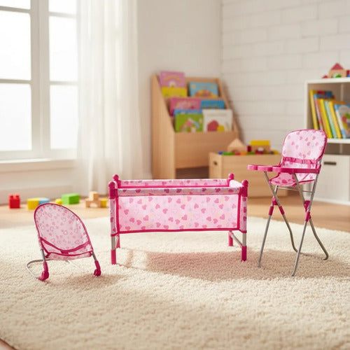 Set 3 En 1 Cuna Silla Alta Mecedora Para Muñecas Plegable Rosa