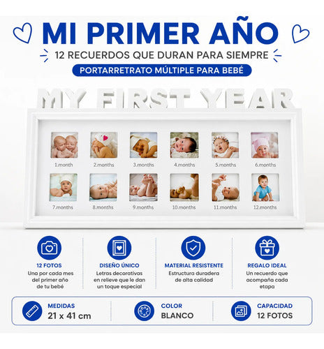 Portarretrato Múltiple Bebé Primer Año 12 Fotos 21x41cm Blanco