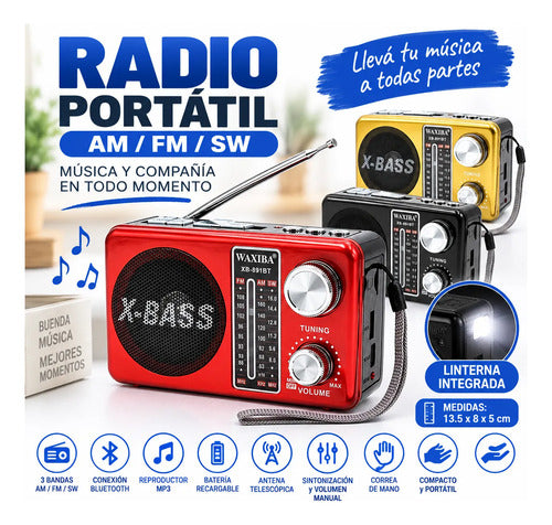 Radio Portátil 3 Bandas Am Fm Sw Bluetooth Linterna 3 Bandas Dorado