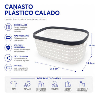 Canasto Cesto Plástico Rectangular Calado Organizador 36.5cm Blanco