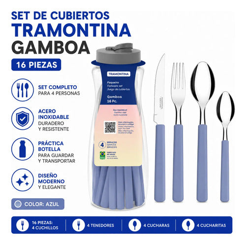 Juego De Cubiertos Acero Inoxidable Pack Con X16 Piezas Set Azul