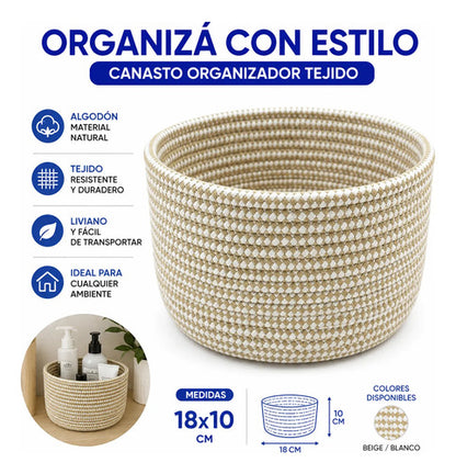 Canasto Cesto Multiuso Organizador Tejido Algodón 18x10cm Beige Y Blanco