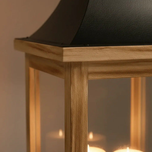 Farol Decorativo Rústico Portavelas Madera Metal 30x15x15cm Madera Natural Con Negro