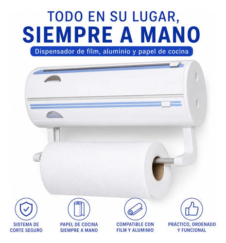 Dispensador Porta Film Papel Aluminio Rollo Cocina Cortador Blanco